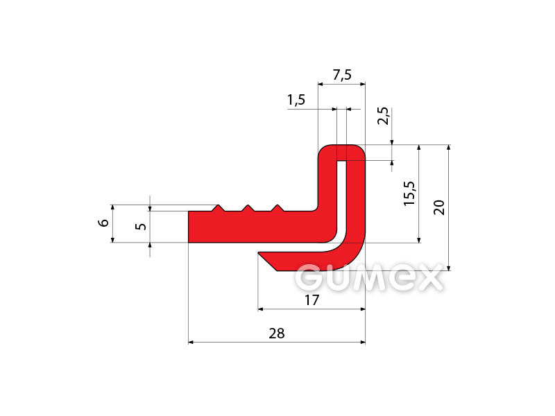 Geformtes Gummiprofil, 20x28mm, 75°ShA, NR-SBR, -40°C/+80°C, rot, 